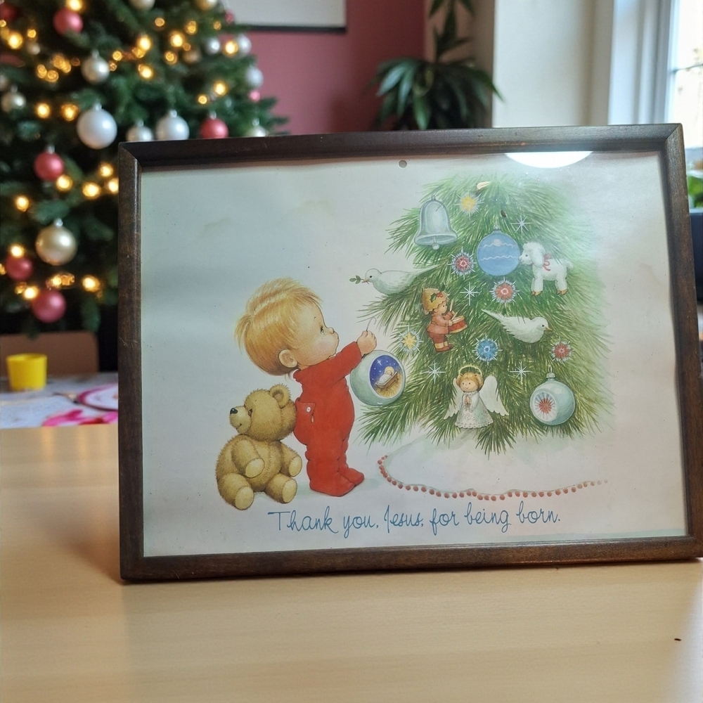 Framed Christmas Tree Art with Child and Teddy Bear